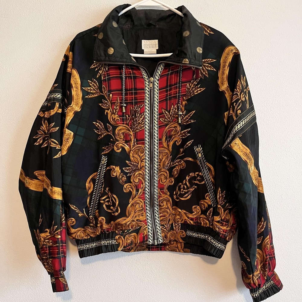 Vintage MODA INT'L Jacket Womens Small‎ Multicolor Plaid Baroque Windbreaker 90s
